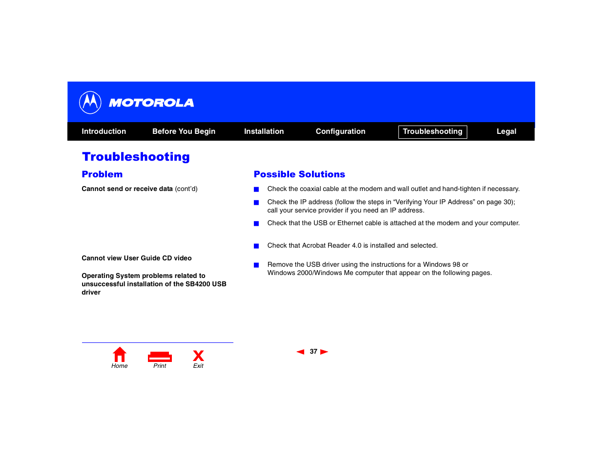 Troubleshooting | Motorola SB4200 User Manual | Page 42 / 68