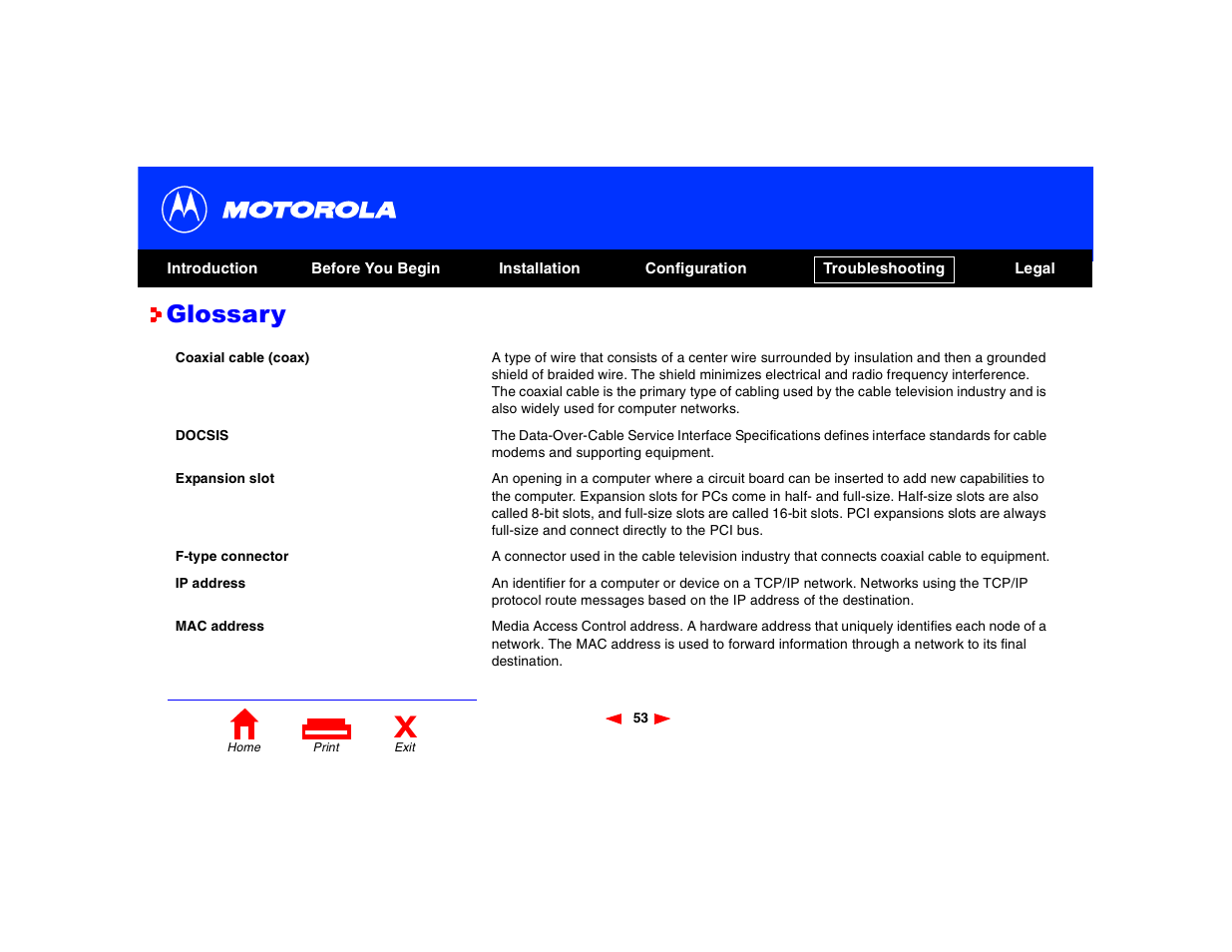 Glossary | Motorola SB4200 User Manual | Page 58 / 68