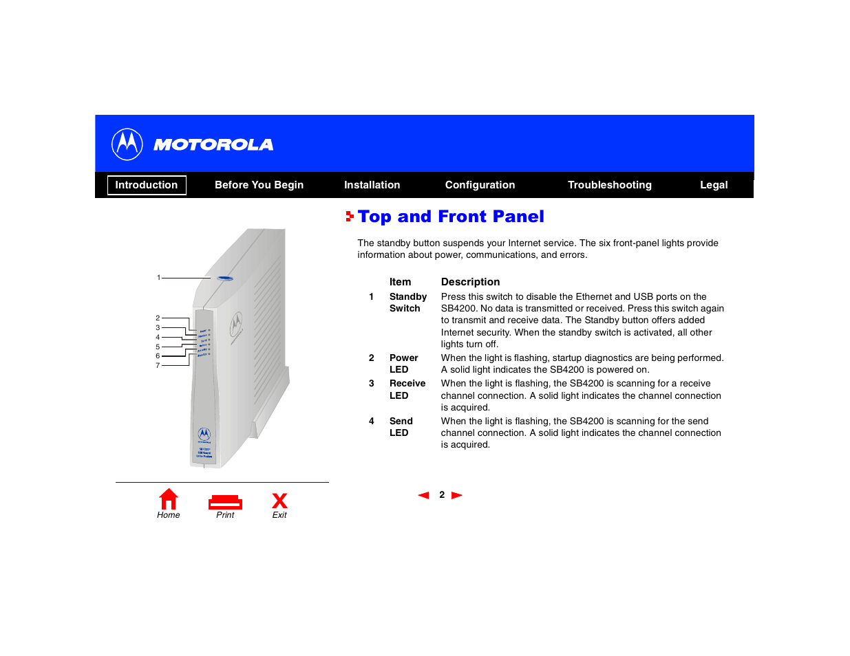 Top and front panel | Motorola SB4200 User Manual | Page 7 / 68