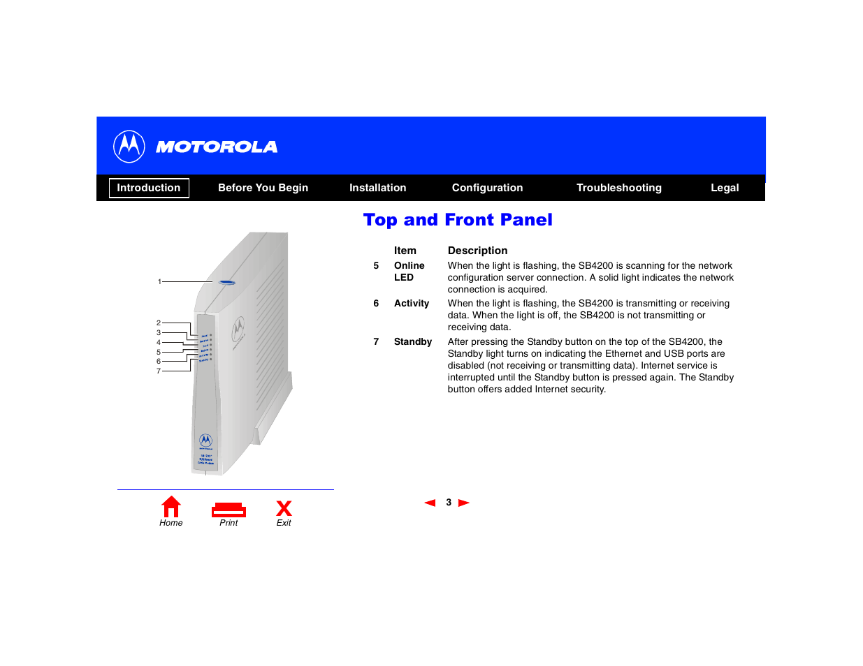 Top and front panel | Motorola SB4200 User Manual | Page 8 / 68