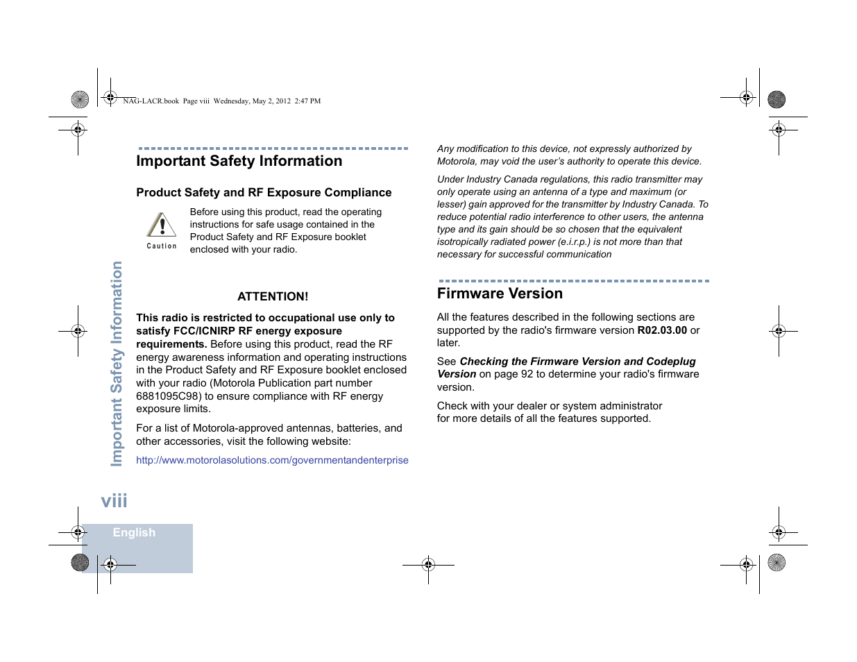 Important safety information, Product safety and rf exposure compliance, Firmware version | Product safety and rf exposure compliance . . viii, Viii, Import ant safety information | Motorola SL7550 User Manual | Page 10 / 114