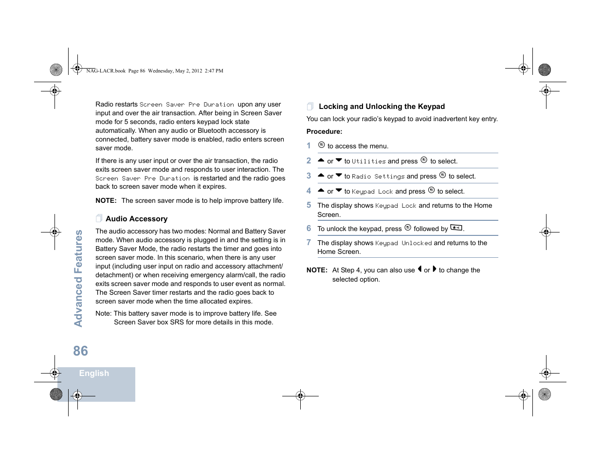 Audio accessory, Locking and unlocking the keypad, Audio accessory locking and unlocking the keypad | Advanced features | Motorola SL7550 User Manual | Page 100 / 114