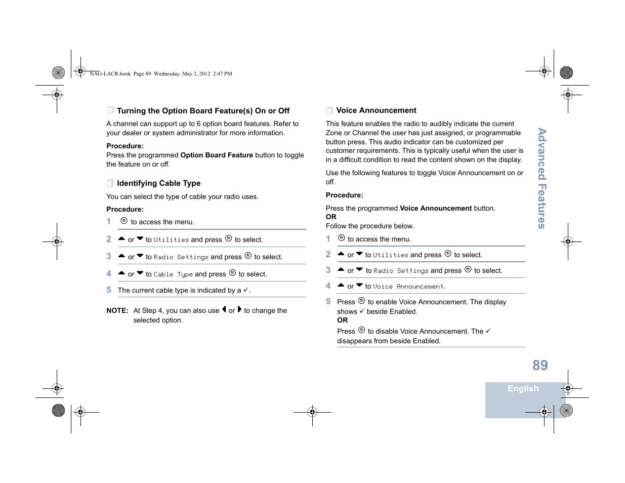 Turning the option board feature(s) on or off, Identifying cable type, Voice announcement | Advanced features | Motorola SL7550 User Manual | Page 103 / 114
