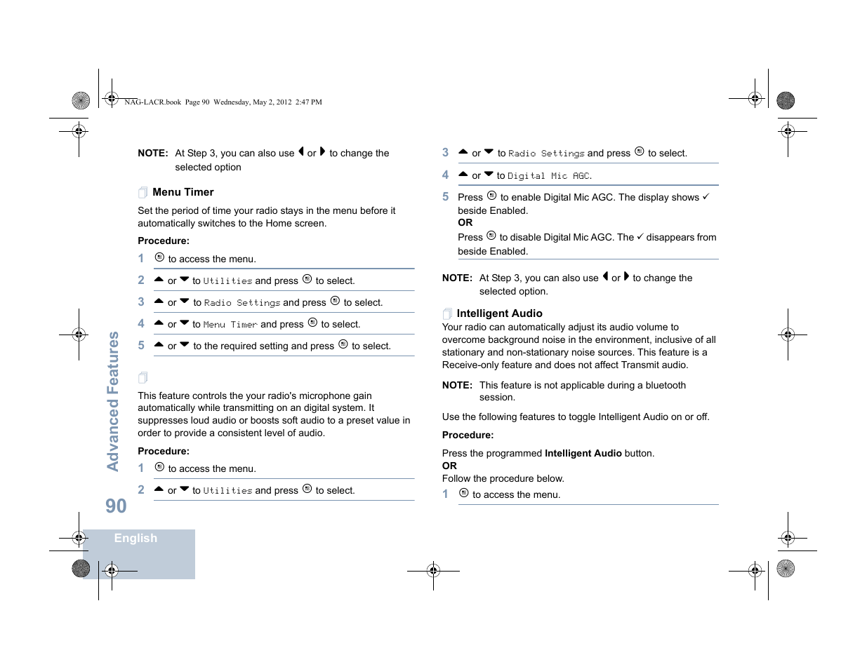 Menu timer, Intelligent audio, Menu timer intelligent audio | Advanced features | Motorola SL7550 User Manual | Page 104 / 114