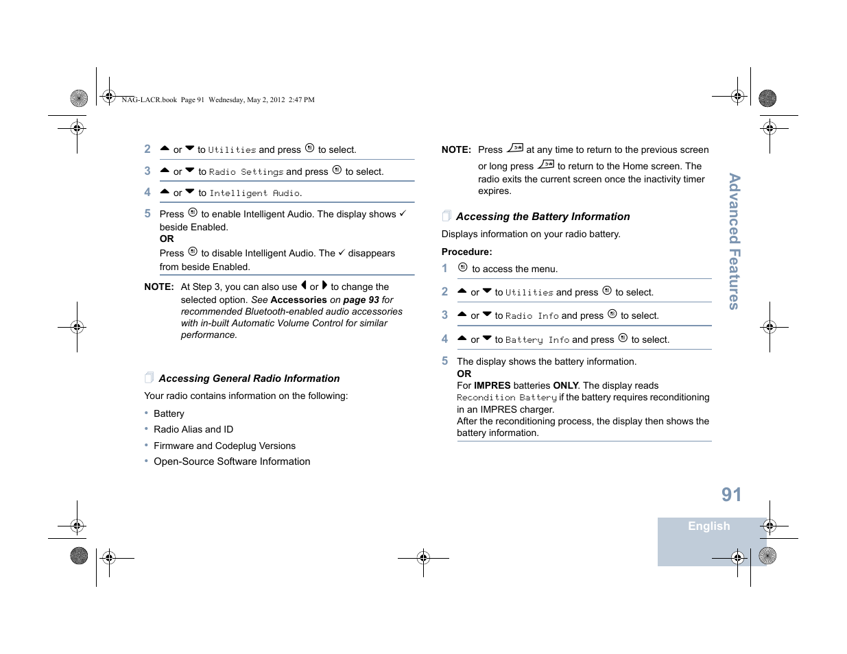 Accessing general radio information, Accessing the battery information, Advanced features | Motorola SL7550 User Manual | Page 105 / 114