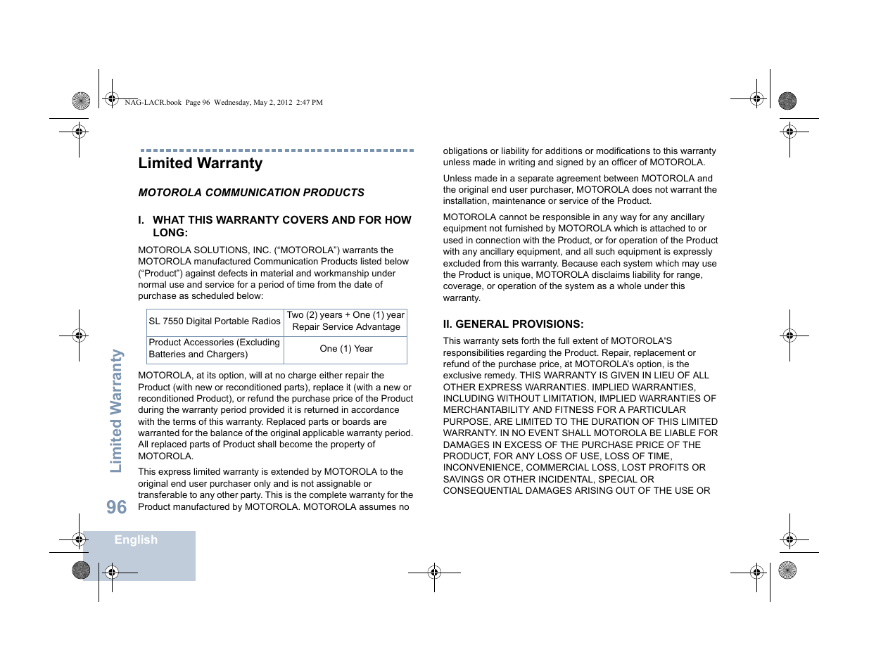 Limited warranty, Motorola communication products, I. what this warranty covers and for how long | Ii. general provisions, Limited w arranty | Motorola SL7550 User Manual | Page 110 / 114