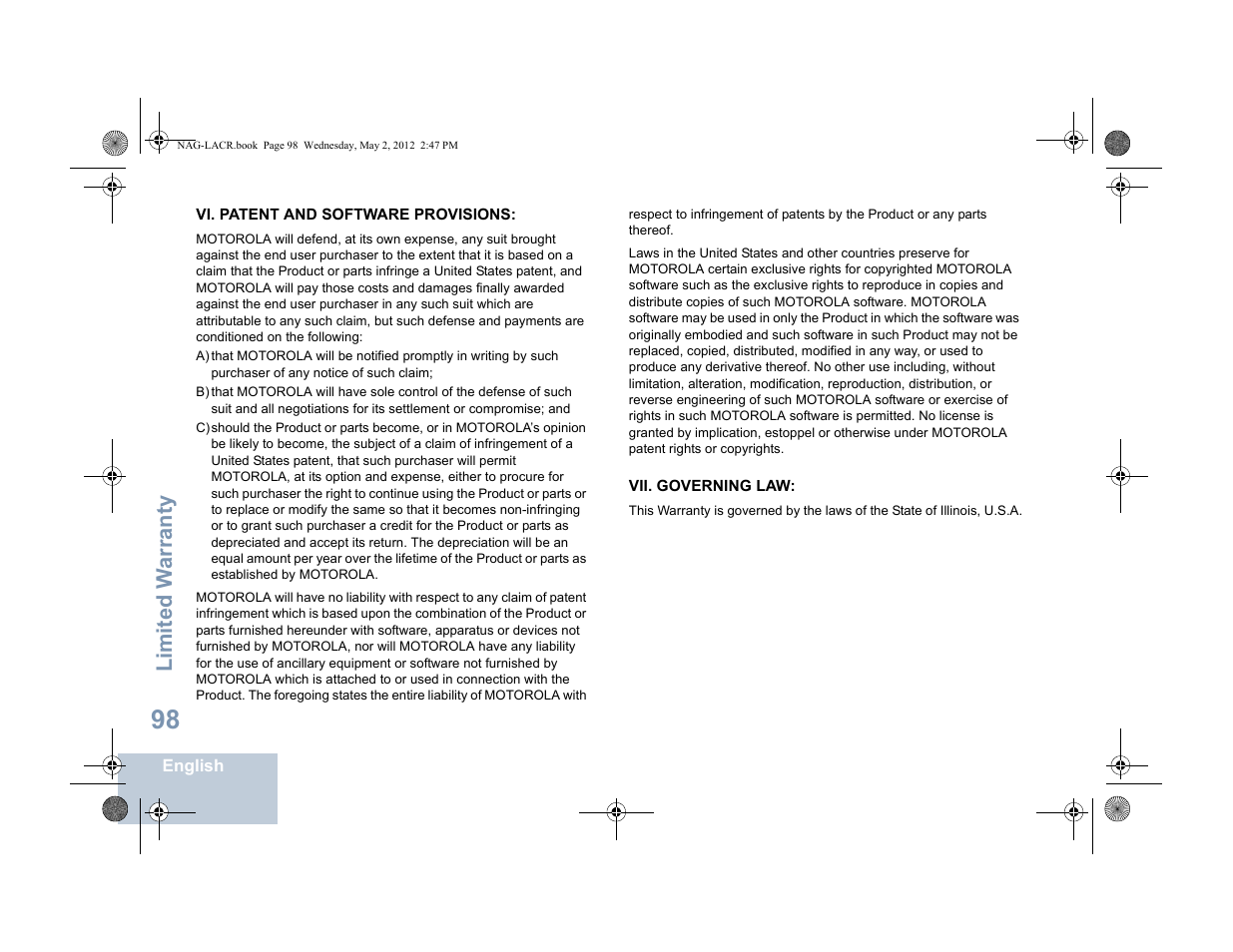 Vi. patent and software provisions, Vii. governing law, Limited w arranty | Motorola SL7550 User Manual | Page 112 / 114