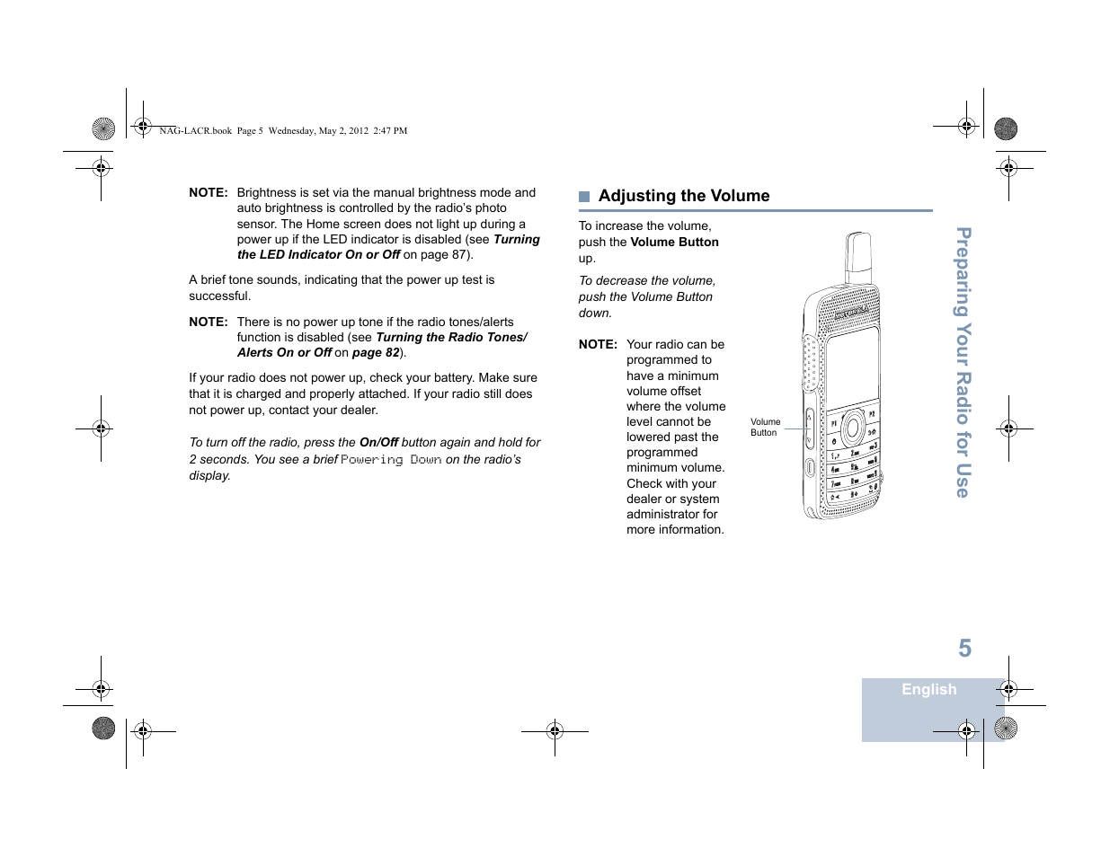 Adjusting the volume, Prep aring y o ur radio for use | Motorola SL7550 User Manual | Page 19 / 114
