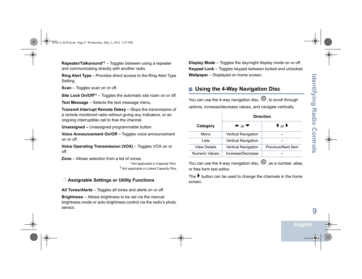Assignable settings or utility functions, Using the 4-way navigation disc, Identifying radio controls | Motorola SL7550 User Manual | Page 23 / 114