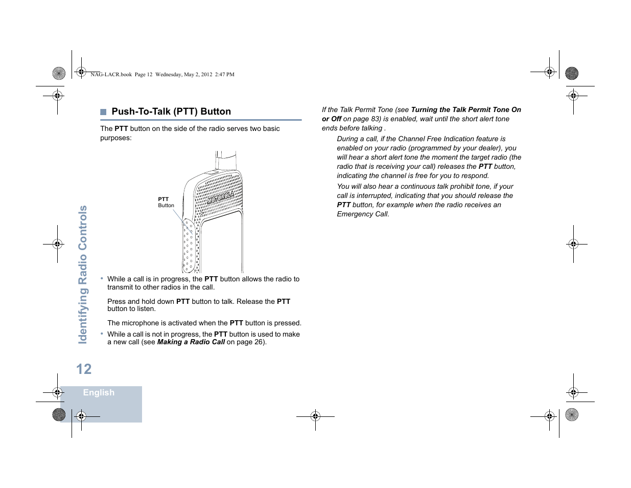 Push-to-talk (ptt) button, Identifying radio controls | Motorola SL7550 User Manual | Page 26 / 114