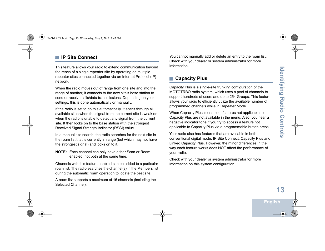 Ip site connect, Capacity plus, Ip site connect capacity plus | Identifying radio controls | Motorola SL7550 User Manual | Page 27 / 114
