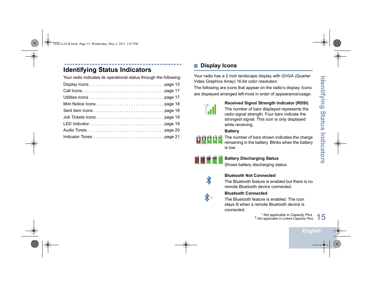 Identifying status indicators, Display icons, Identifying s tatus indicators | Motorola SL7550 User Manual | Page 29 / 114