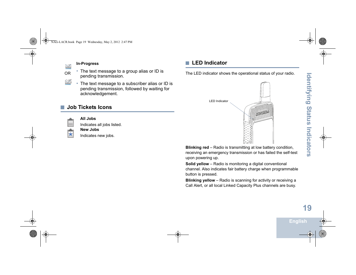 Job tickets icons, Led indicator, Job tickets icons led indicator | Identifying s tatus indicators | Motorola SL7550 User Manual | Page 33 / 114