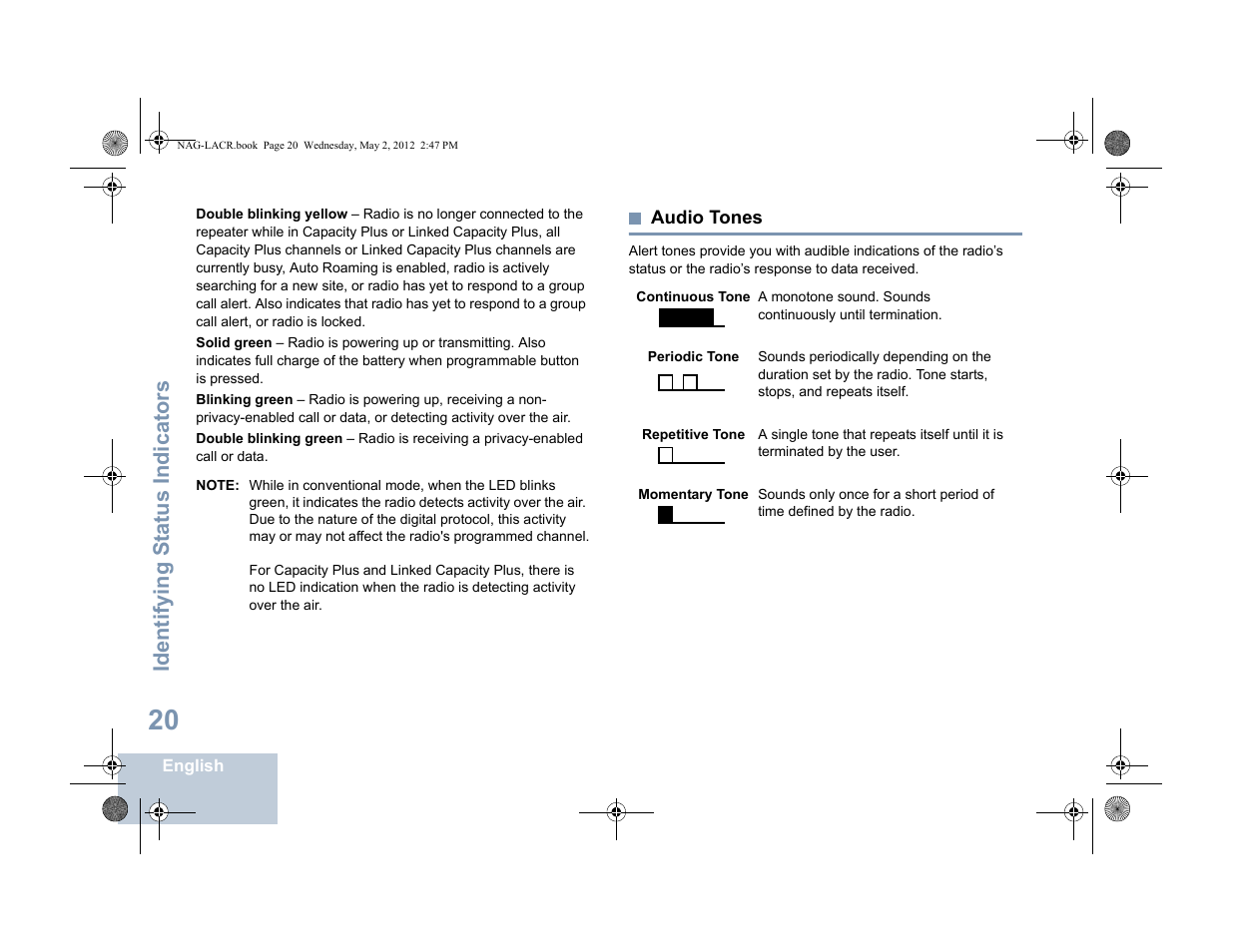 Audio tones, Identifying s tatus indicators | Motorola SL7550 User Manual | Page 34 / 114