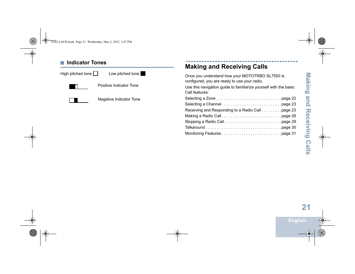 Indicator tones, Making and receiving calls | Motorola SL7550 User Manual | Page 35 / 114