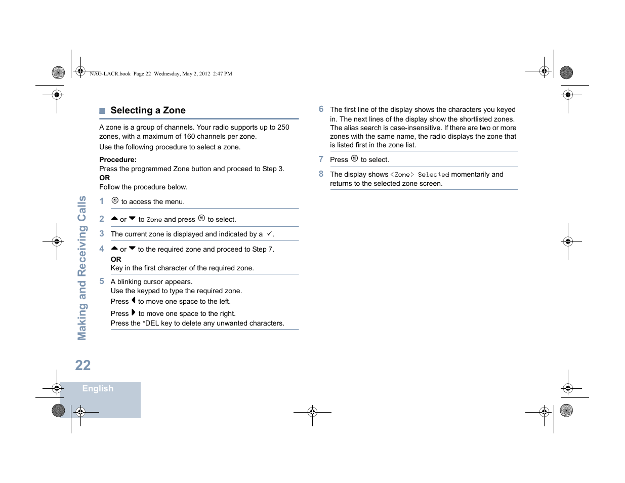 Selecting a zone, Making and receiving calls | Motorola SL7550 User Manual | Page 36 / 114