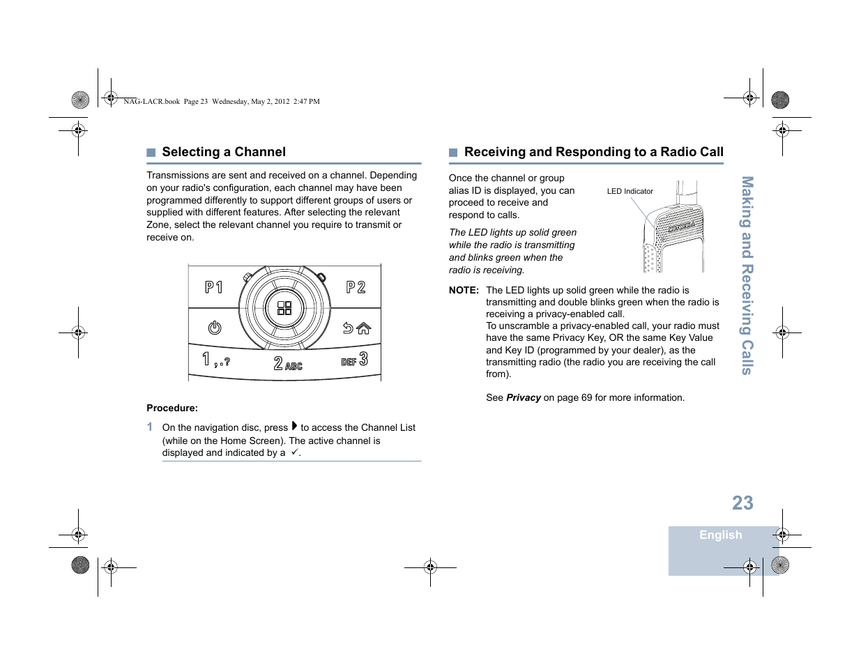 Selecting a channel, Receiving and responding to a radio call, Making and r eceiving calls | Motorola SL7550 User Manual | Page 37 / 114