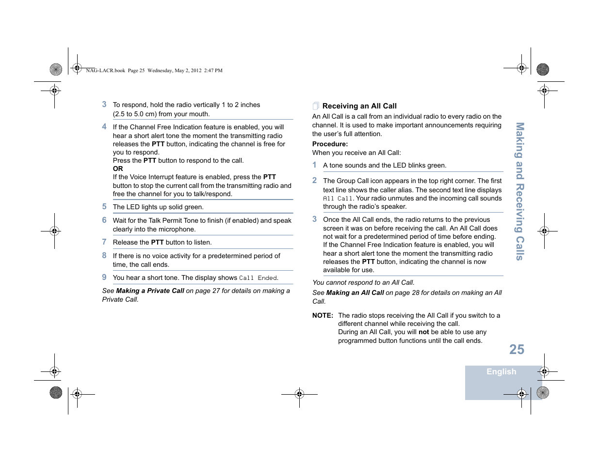 Receiving an all call, Making and r eceiving calls | Motorola SL7550 User Manual | Page 39 / 114