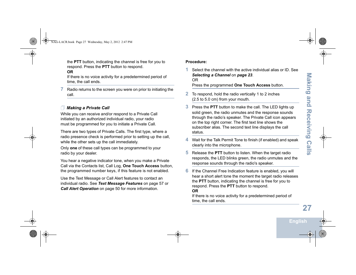 Making a private call, Making and r eceiving calls | Motorola SL7550 User Manual | Page 41 / 114
