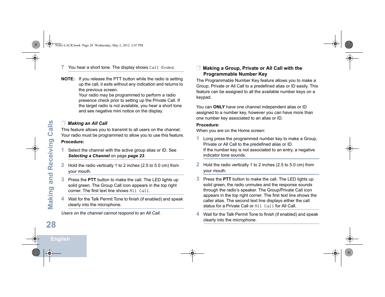 Making an all call, Making a group, Making and receiving calls | Motorola SL7550 User Manual | Page 42 / 114