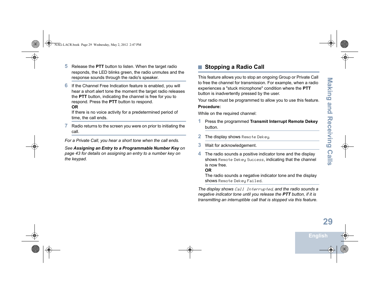Stopping a radio call, Making and r eceiving calls | Motorola SL7550 User Manual | Page 43 / 114