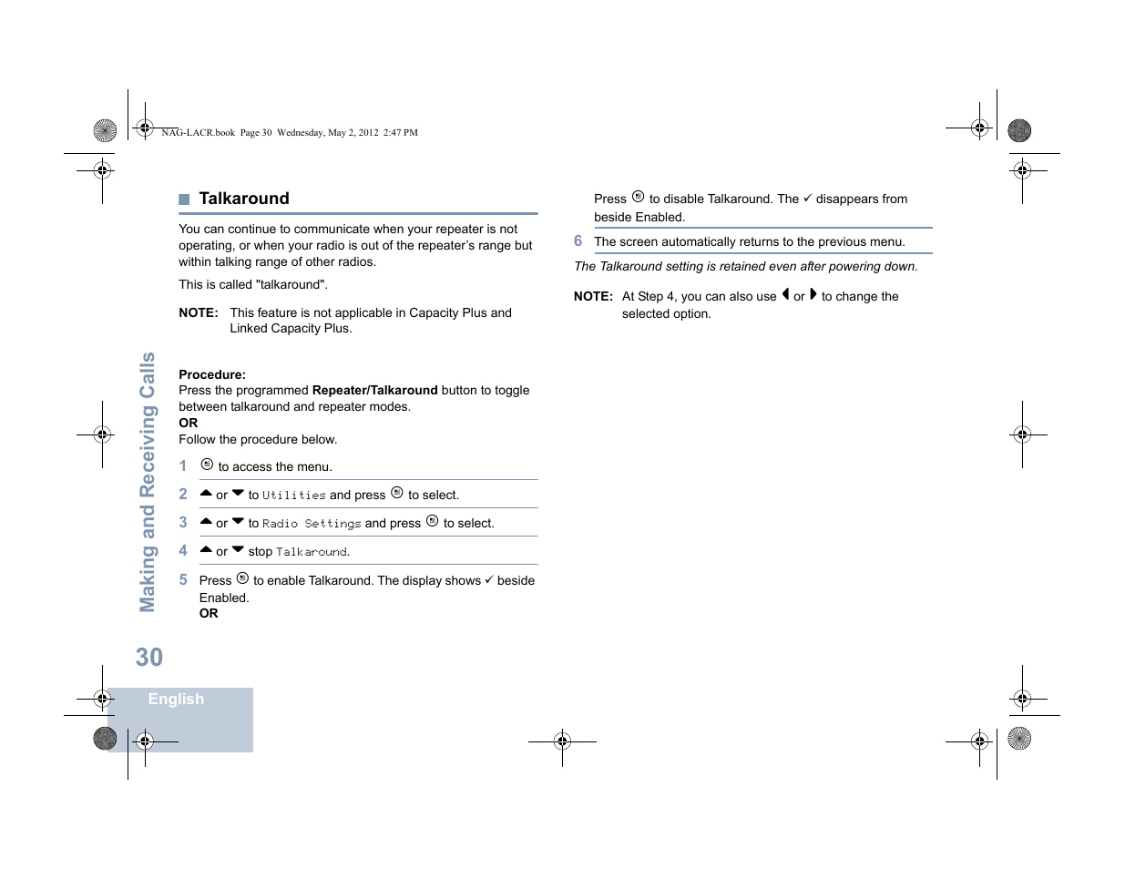 Talkaround, Making and receiving calls | Motorola SL7550 User Manual | Page 44 / 114