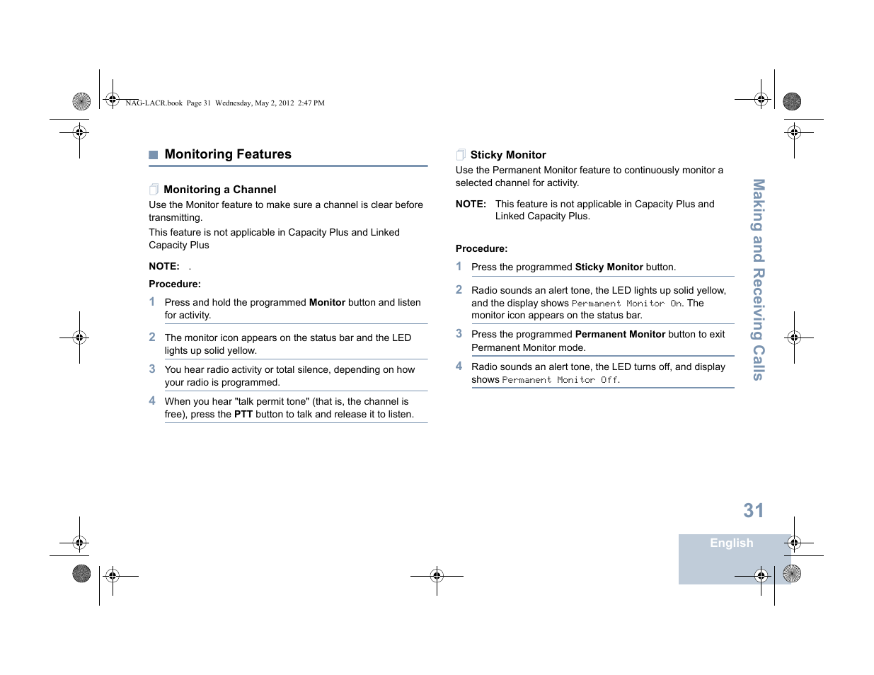 Monitoring features, Monitoring a channel, Sticky monitor | Monitoring a channel sticky monitor, Making and r eceiving calls | Motorola SL7550 User Manual | Page 45 / 114