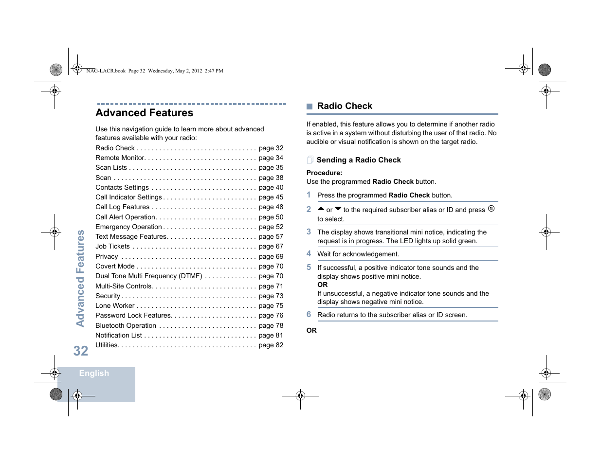 Advanced features, Radio check, Sending a radio check | Motorola SL7550 User Manual | Page 46 / 114