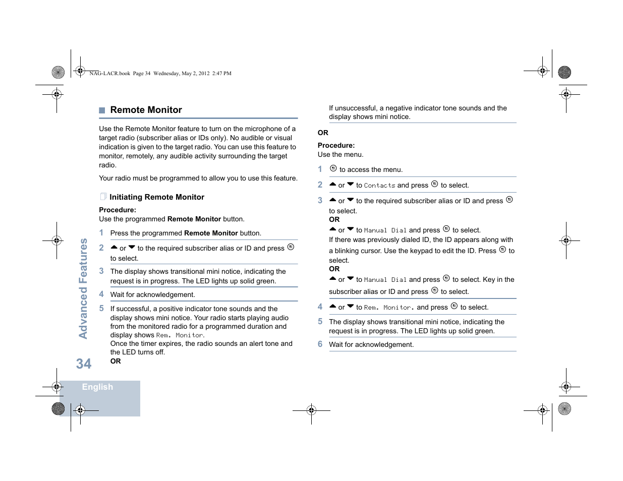 Remote monitor, Initiating remote monitor, Advanced features | Motorola SL7550 User Manual | Page 48 / 114