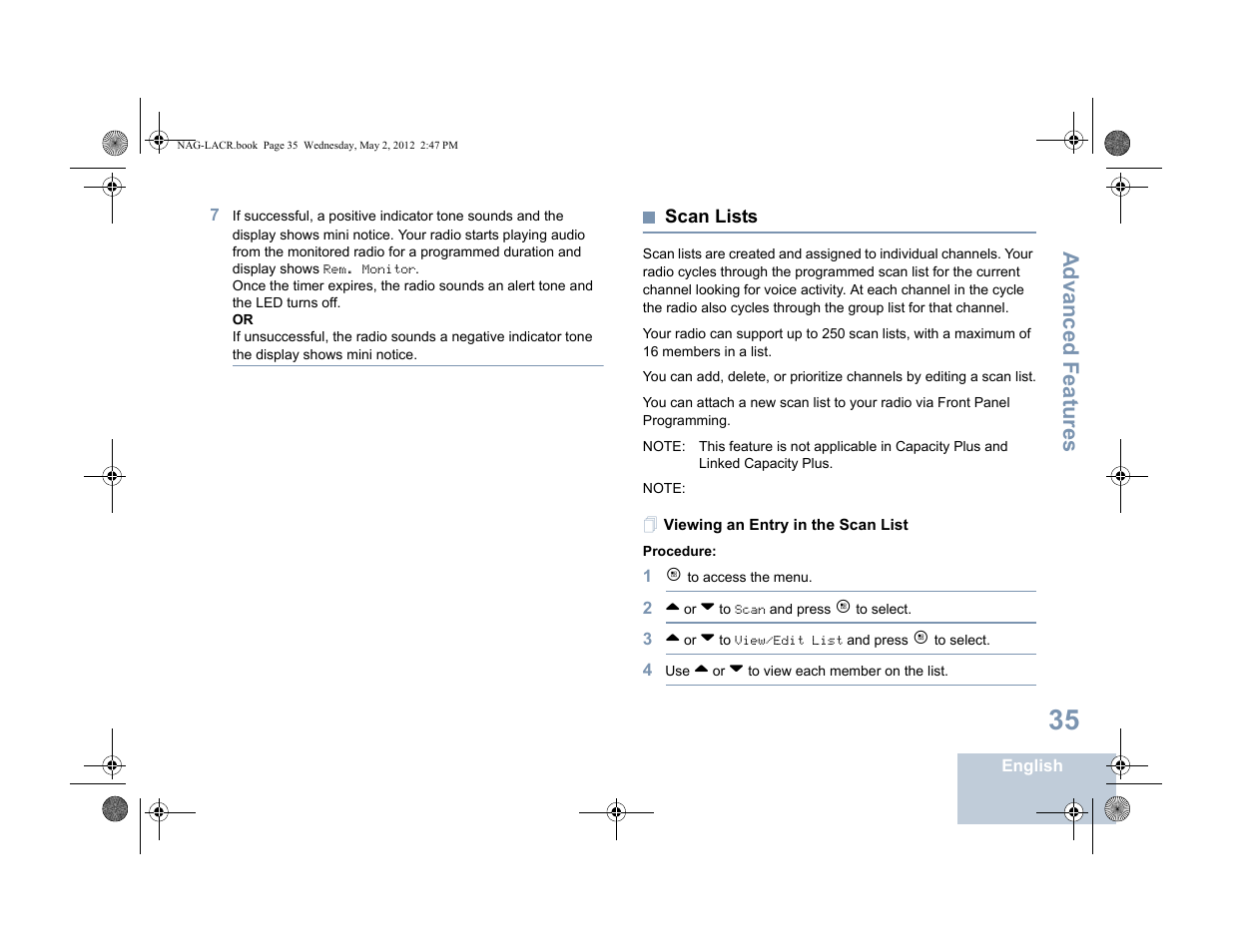 Scan lists, Viewing an entry in the scan list, Advanced features | Motorola SL7550 User Manual | Page 49 / 114