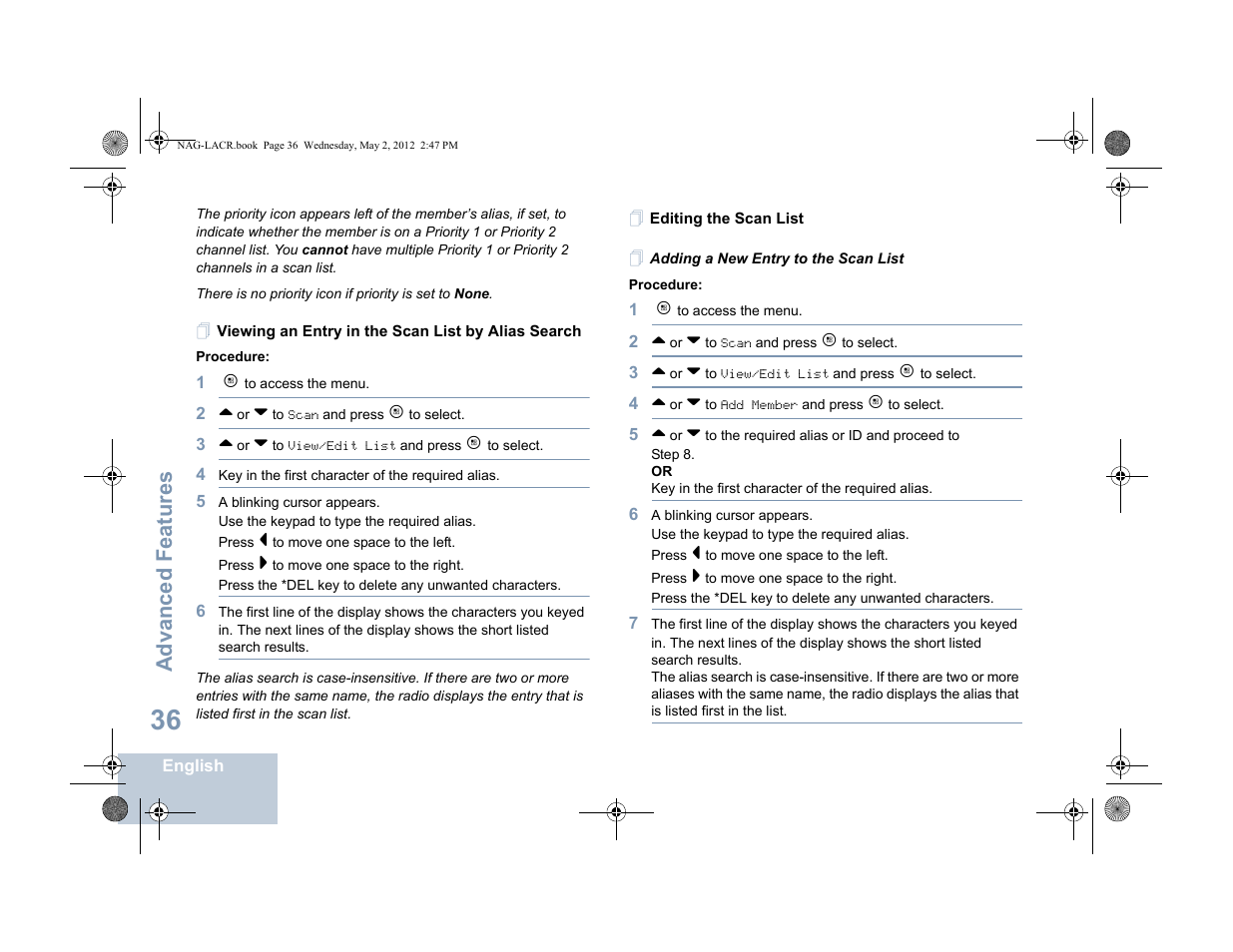 Viewing an entry in the scan list by alias search, Editing the scan list, Adding a new entry to the scan list | Advanced features | Motorola SL7550 User Manual | Page 50 / 114