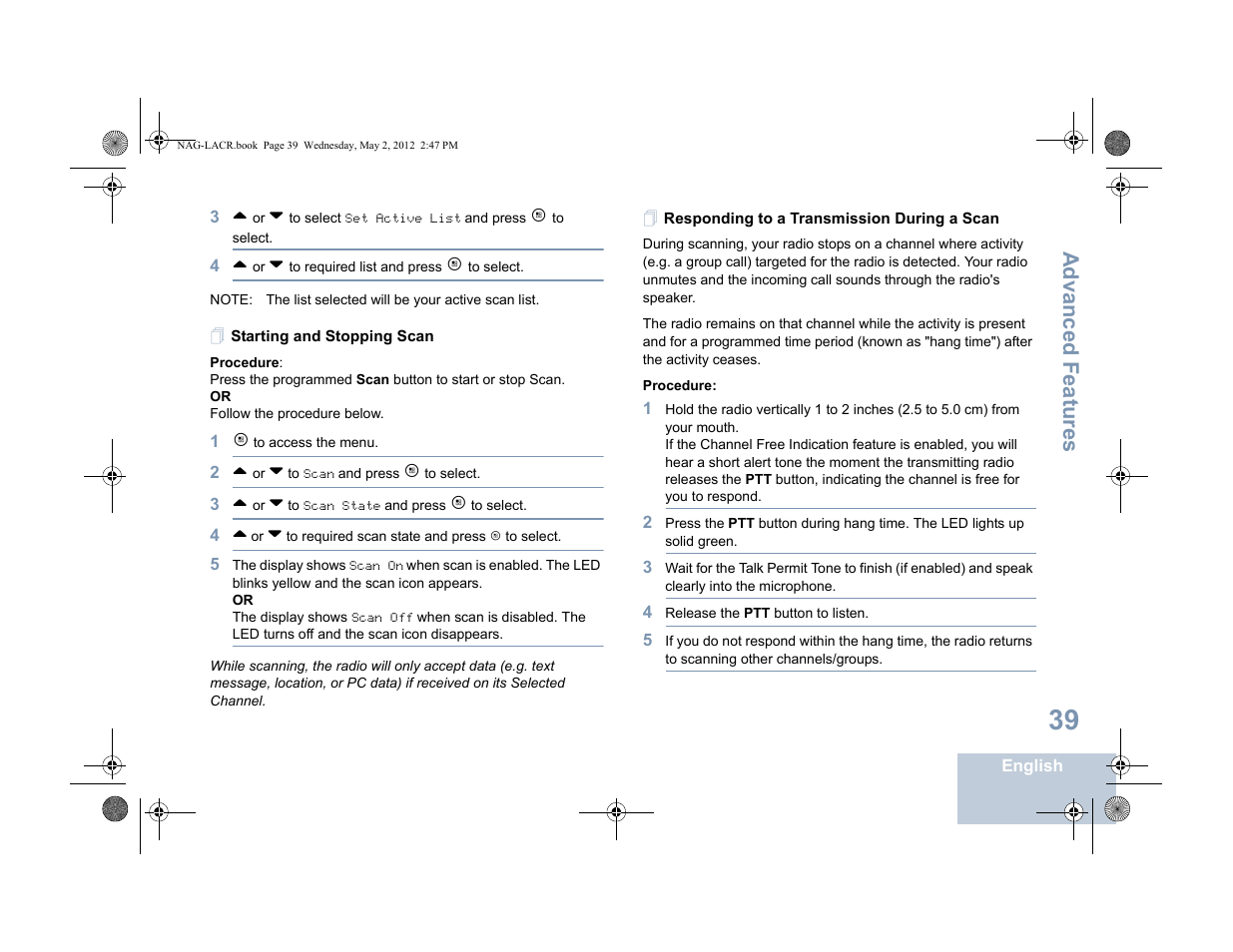 Starting and stopping scan, Responding to a transmission during a scan, Advanced features | Motorola SL7550 User Manual | Page 53 / 114