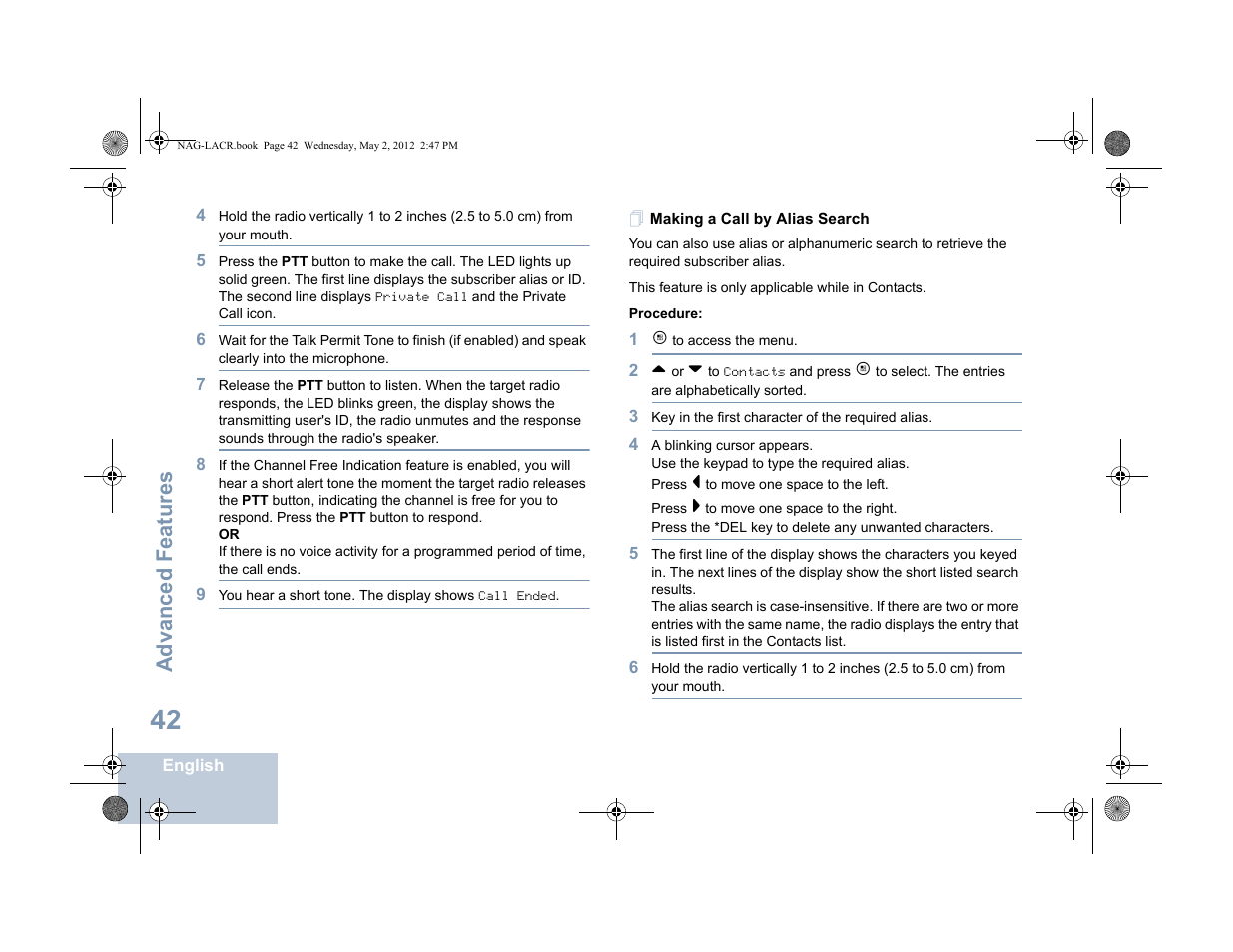 Making a call by alias search, Advanced features | Motorola SL7550 User Manual | Page 56 / 114