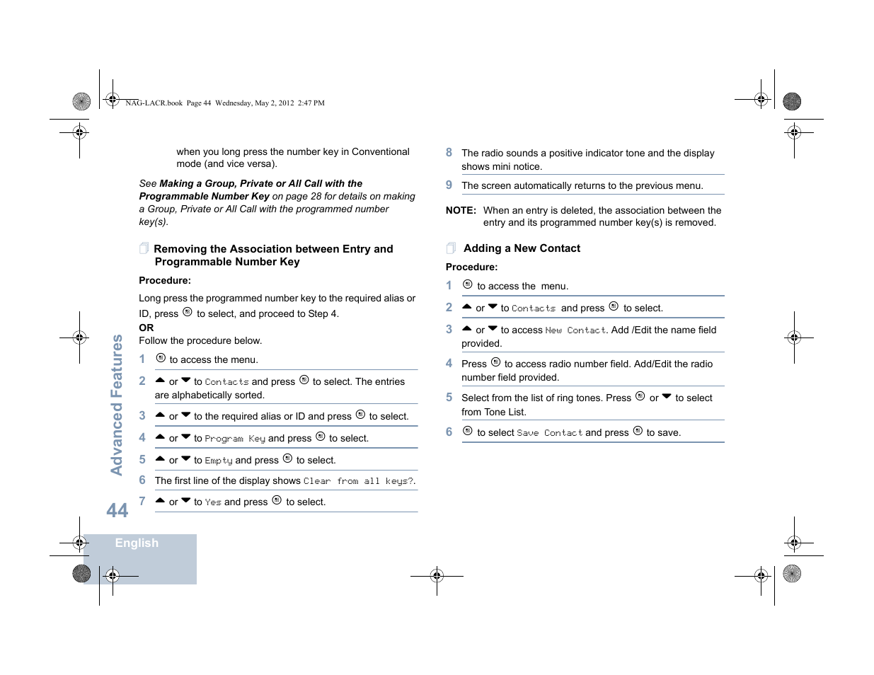 Adding a new contact, Advanced features | Motorola SL7550 User Manual | Page 58 / 114