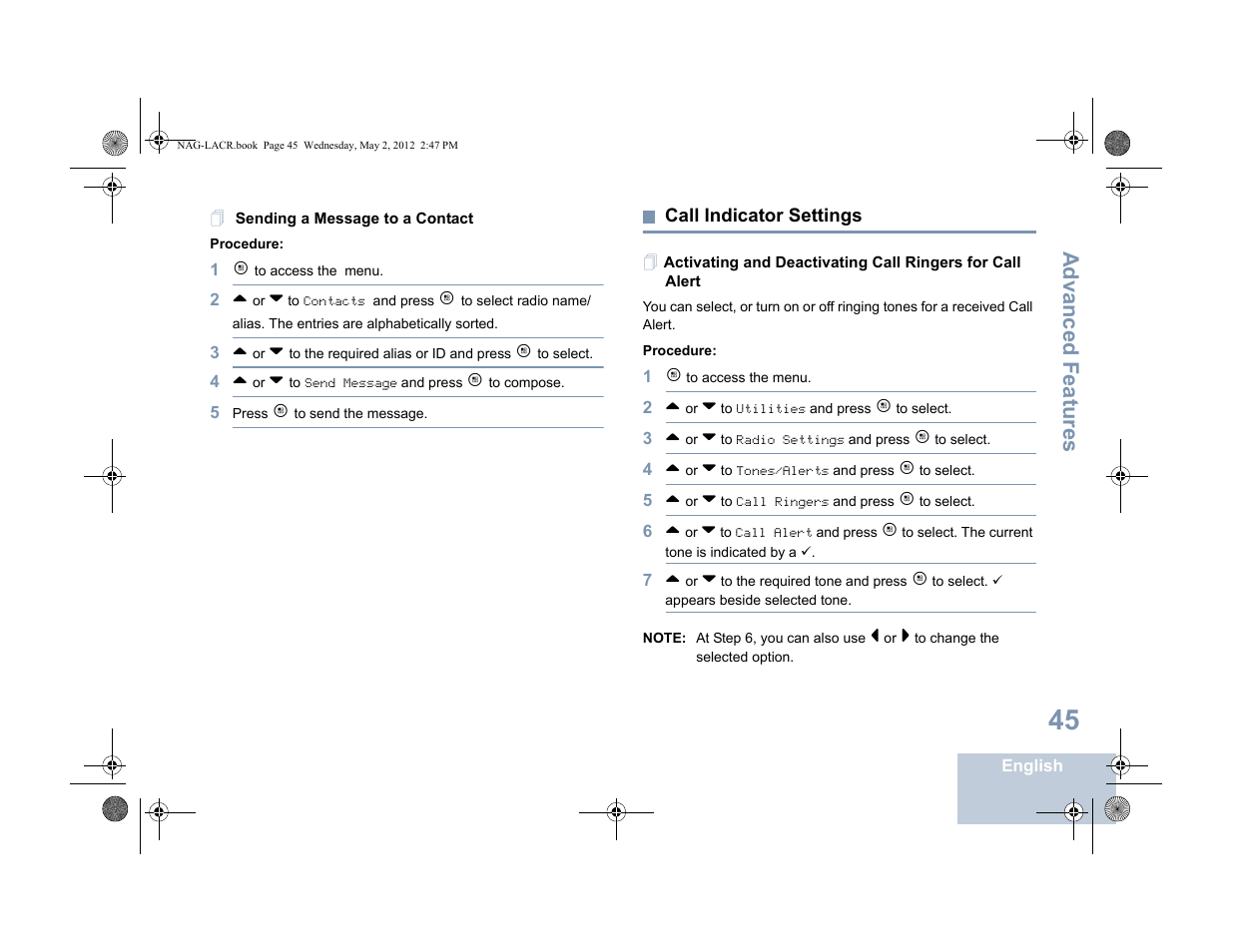 Sending a message to a contact, Call indicator settings, Activating and deactivating call ringers for | Call alert, Advanced features | Motorola SL7550 User Manual | Page 59 / 114