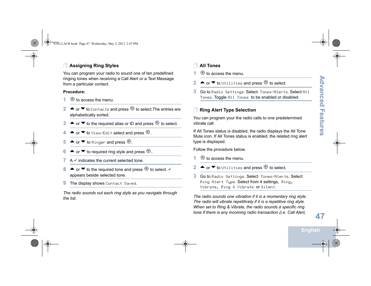Assigning ring styles, Ring alert type selection, Assigning ring styles ring alert type selection | Advanced features | Motorola SL7550 User Manual | Page 61 / 114