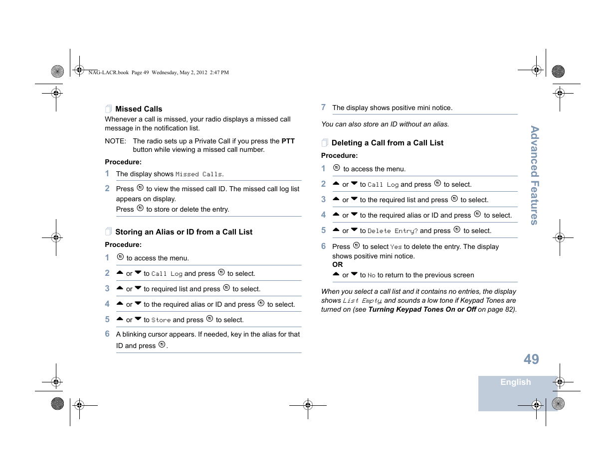 Missed calls, Storing an alias or id from a call list, Deleting a call from a call list | Advanced features | Motorola SL7550 User Manual | Page 63 / 114