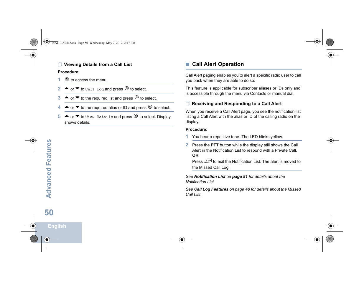 Viewing details from a call list, Call alert operation, Receiving and responding to a call alert | Advanced features | Motorola SL7550 User Manual | Page 64 / 114