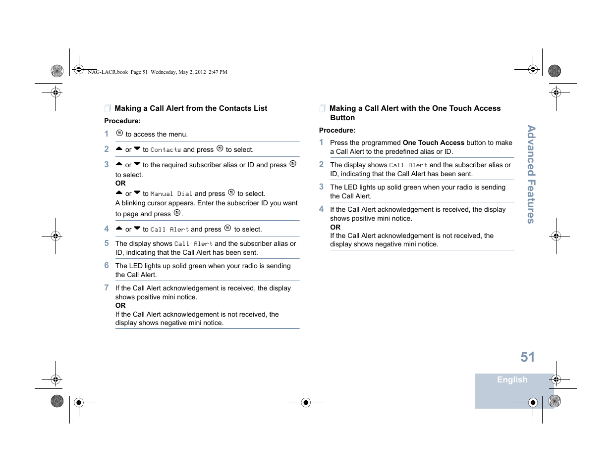 Making a call alert from the contacts list, Advanced features | Motorola SL7550 User Manual | Page 65 / 114