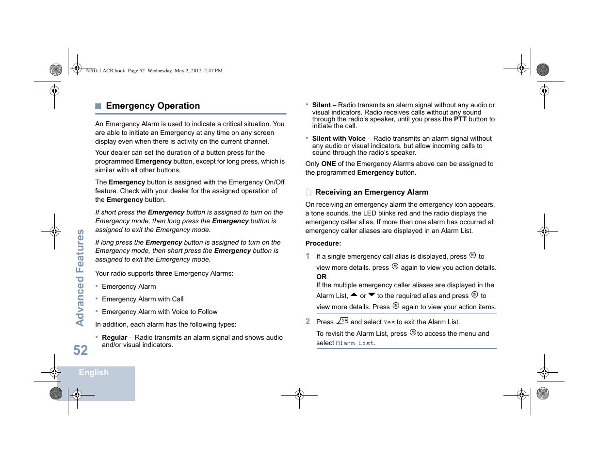 Emergency operation, Receiving an emergency alarm, Advanced features | Motorola SL7550 User Manual | Page 66 / 114