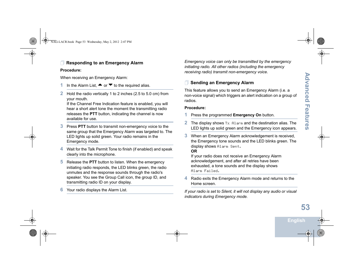 Responding to an emergency alarm, Sending an emergency alarm, Advanced features | Motorola SL7550 User Manual | Page 67 / 114