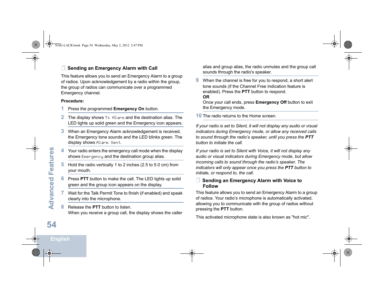 Sending an emergency alarm with call, Sending an emergency alarm with voice to follow, Follow | Advanced features | Motorola SL7550 User Manual | Page 68 / 114
