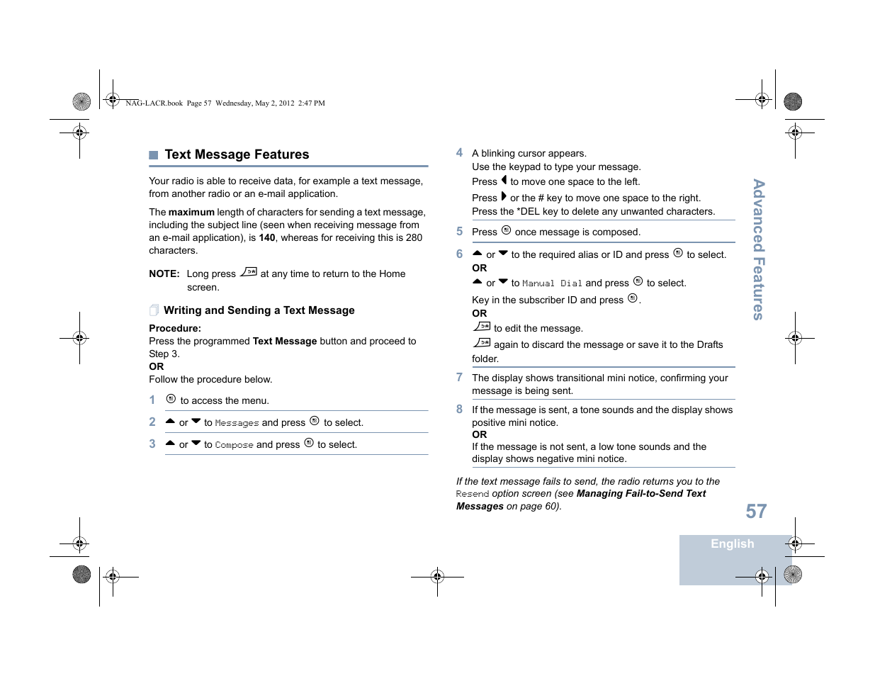 Text message features, Writing and sending a text message, Advanced features | Motorola SL7550 User Manual | Page 71 / 114
