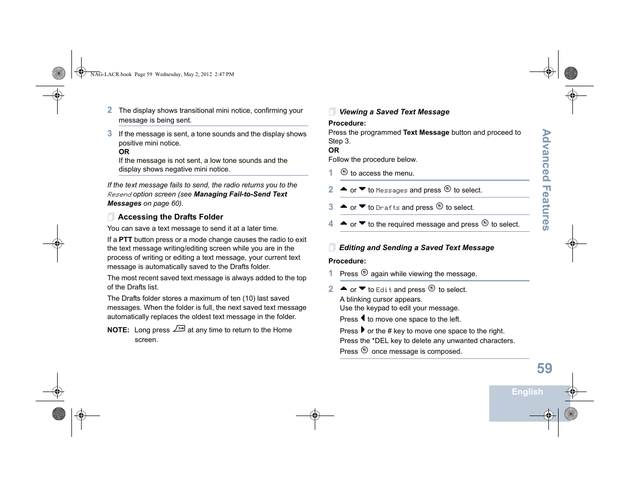Accessing the drafts folder, Viewing a saved text message, Editing and sending a saved text message | Advanced features | Motorola SL7550 User Manual | Page 73 / 114