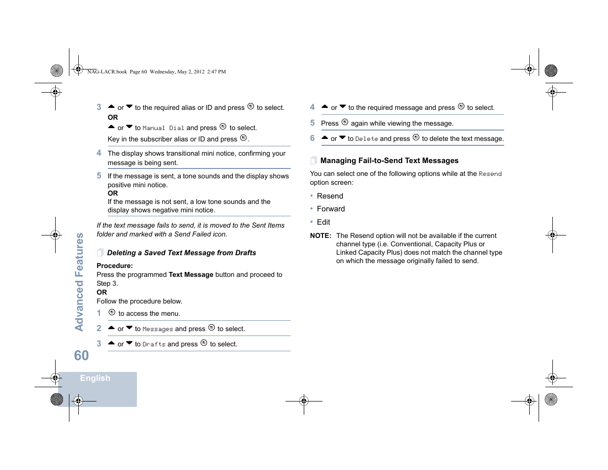 Deleting a saved text message from drafts, Managing fail-to-send text messages, Advanced features | Motorola SL7550 User Manual | Page 74 / 114