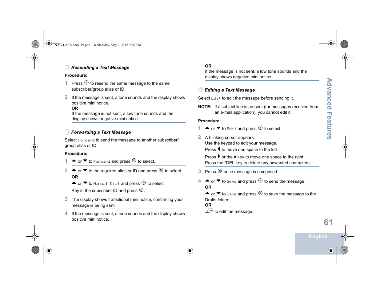 Resending a text message, Forwarding a text message, Editing a text message | Advanced features | Motorola SL7550 User Manual | Page 75 / 114