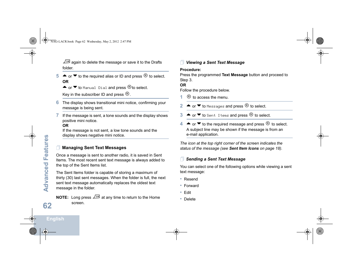 Managing sent text messages, Viewing a sent text message, Sending a sent text message | Advanced features | Motorola SL7550 User Manual | Page 76 / 114