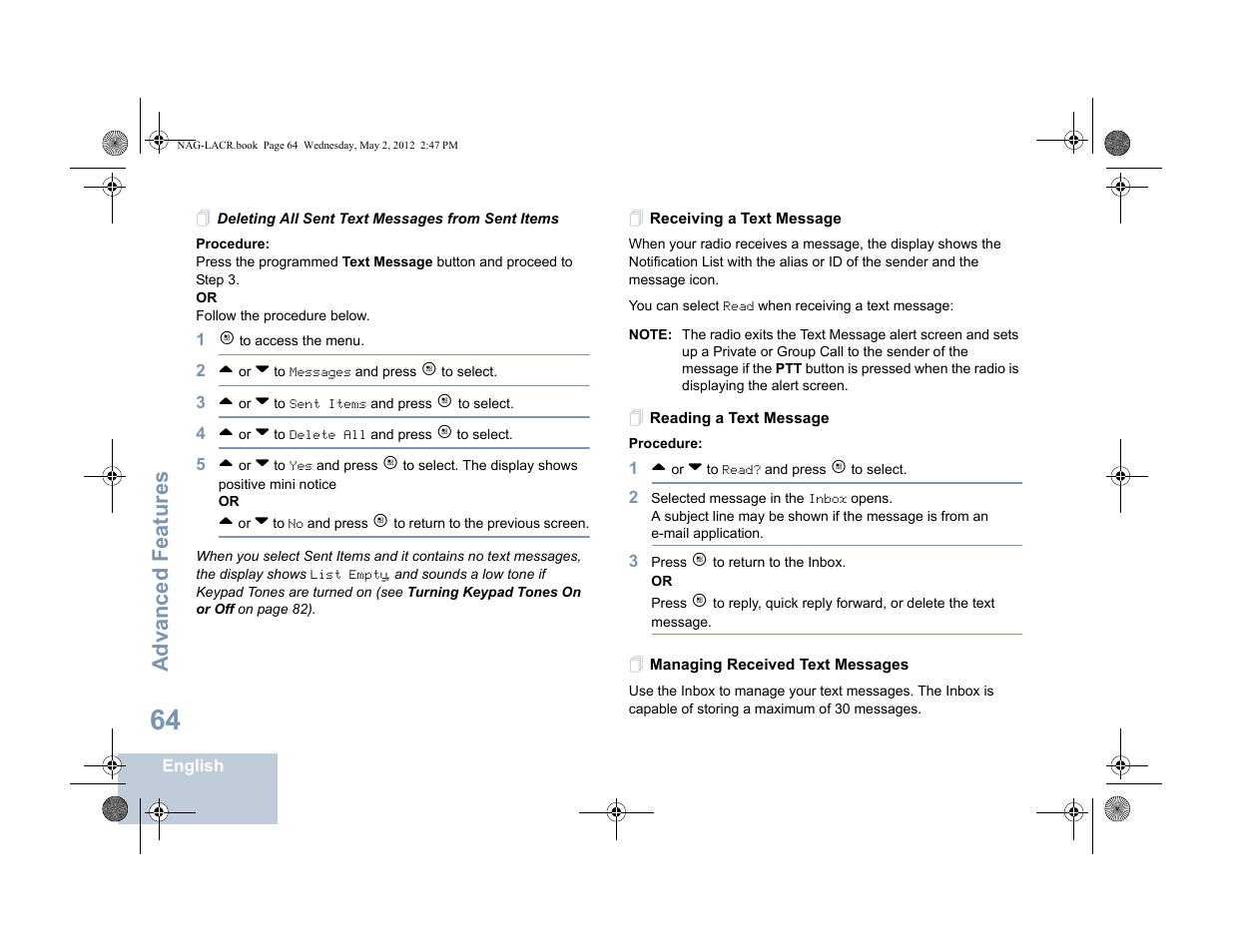 Deleting all sent text messages from sent items, Receiving a text message, Reading a text message | Managing received text messages, Advanced features | Motorola SL7550 User Manual | Page 78 / 114