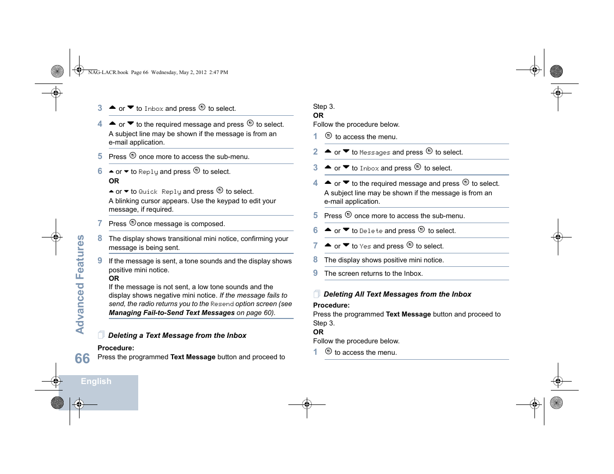 Deleting a text message from the inbox, Deleting all text messages from the inbox, Advanced features | Motorola SL7550 User Manual | Page 80 / 114