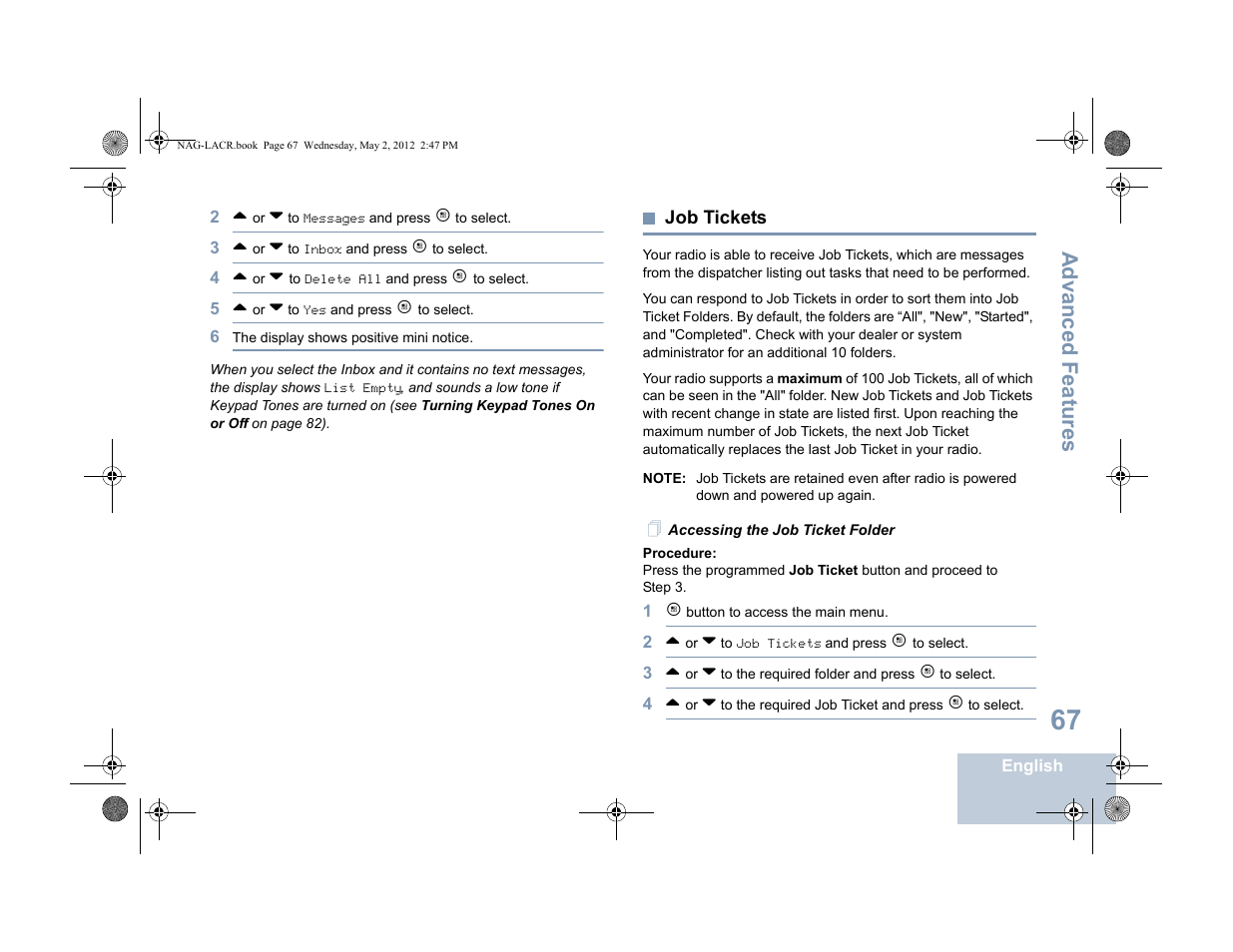 Job tickets, Accessing the job ticket folder, Advanced features | Motorola SL7550 User Manual | Page 81 / 114